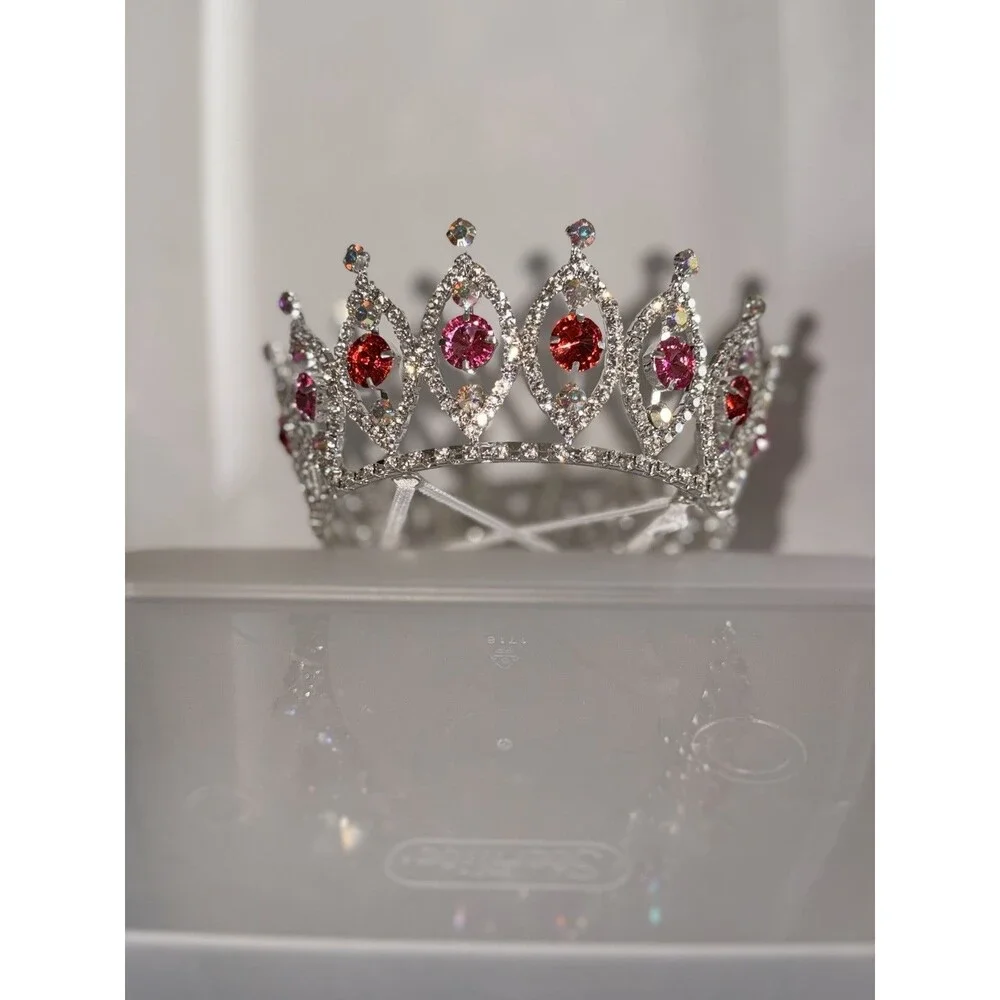 Miss Barbie World Pageant Crown Rhinestone White, Pink & Red Silver & Sash